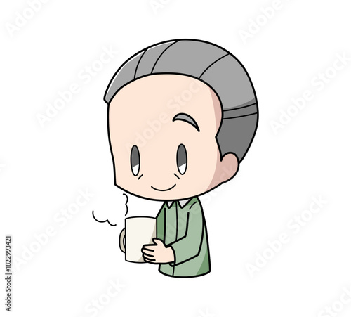 寝る前に温かい飲み物を飲む高齢男性のイラスト