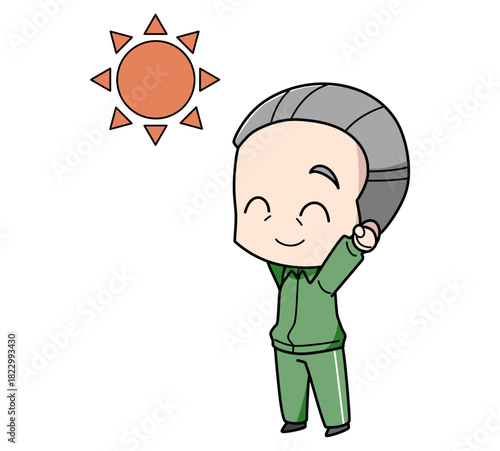 外で太陽の光を浴びる高齢男性のイラスト