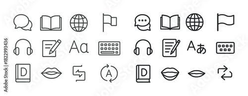 Communication icons set: books, flags, speech bubbles, headphones, keyboards