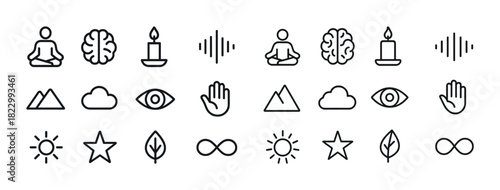 Minimalist line icons: meditation, brain, nature, and wellness symbols