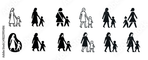 Diverse silhouettes of women and children walking together