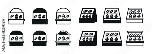Collection of bakery display icons featuring bread and cupcake designs