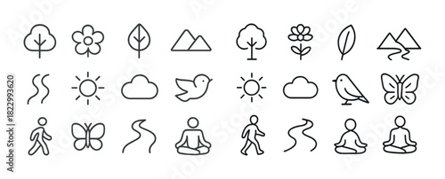 Minimalist nature and meditation icon set featuring trees, flowers, animals, and yoga poses