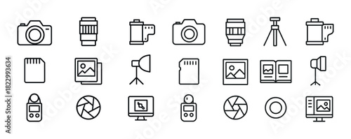 Photography equipment icons: camera, lens, tripod, lighting, memory card