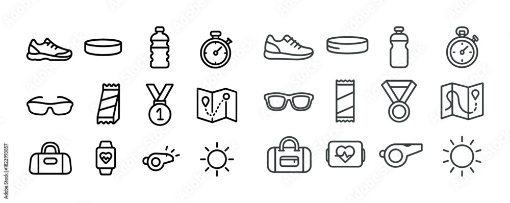 Naklejka premium Fitness and sports icons: shoes, stopwatch, map, medal, goggles, sports bag