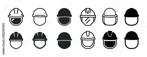 Collection of safety helmet icons in various styles for industrial and construction use