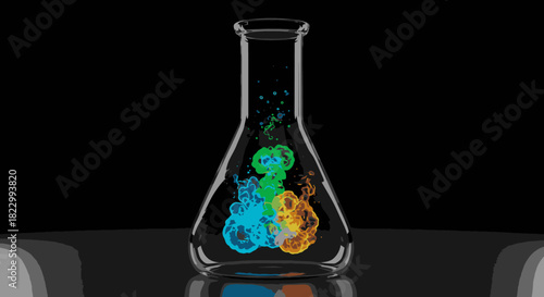 Dynamic plumes of blue, green, and orange liquid beautifully diffuse inside a clear glass Erlenmeyer flask, creating an abstract scientific spectacle.