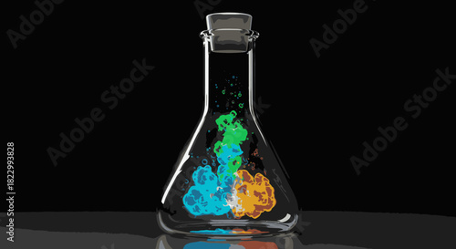 Vibrant blue, green, and orange liquids dynamically swirl within a classic glass scientific flask, creating a captivating abstract chemical reaction on a dark backdrop.