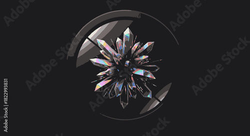 A cluster of sharp, iridescent crystals reflects vibrant light against a dark background, creating an abstract composition with modern sophistication.