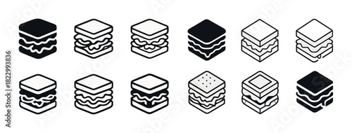 Set of black and white sandwich icons in various styles
