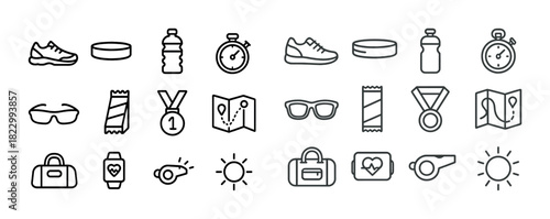 Fitness and sports icons: shoes, stopwatch, map, medal, goggles, sports bag