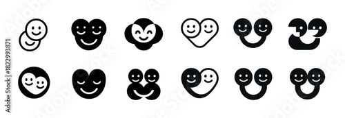 Set of happy smiley face icons with heart and cloud designs