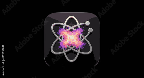 A sleek, glossy digital icon featuring a stylized atom with a vibrant, energetic core, symbolizing scientific advancement, innovation, and modern technology.