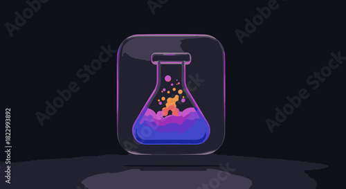 A modern, glowing laboratory flask icon with dynamic bubbling purple and orange liquid, representing scientific innovation, chemical reactions, and cutting-edge research.