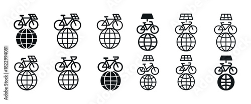 Sustainable transport symbols: bicycle and globe icons with solar panels