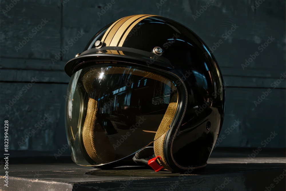 Fototapeta premium Stylish Motorcycle Helmet with Visor and Gold Stripes for Riders