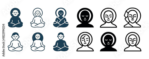 Minimalistic meditation icons: sitting figures and peaceful faces in simple line art