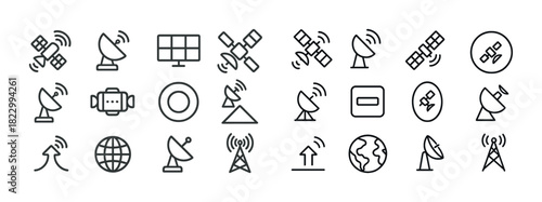 Satellite and communication icon set featuring antennas and earth symbols
