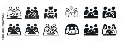 Diverse cooking class icon set depicting group cooking activities