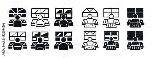 Icon set of control room operators at workstations with monitors