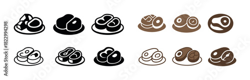 Icon set of sushi rolls and nigiri in black and brown