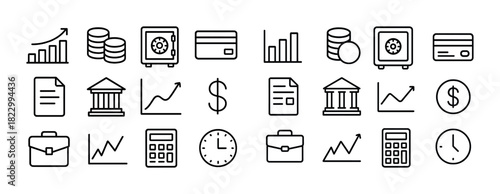 Financial line icons set: banking, savings, investment, graphs, money, calculators, cards
