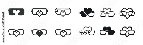 Heart-shaped icon set: stylish glasses in love theme