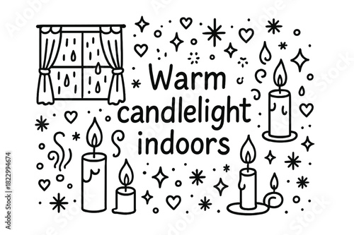 Warm Candle Glow. Warm candlelight indoors. Hand-drawn doodle illustration of Warm candlelight indoors. window