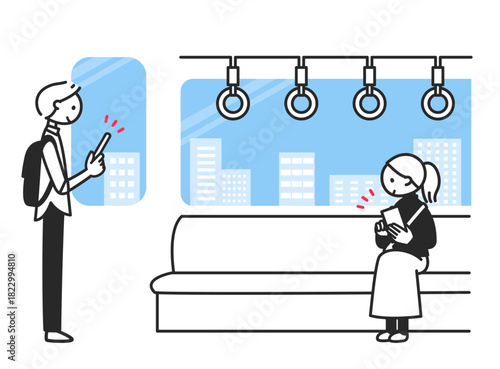 電車でスマホを楽しむ男女・通勤中のスキマ時間活用のイメージ