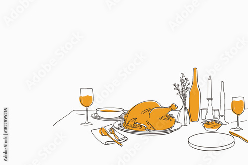 Autumn thanksgiving feast illustration with roasted turkey pumpkins wine and elegant dinner table decor