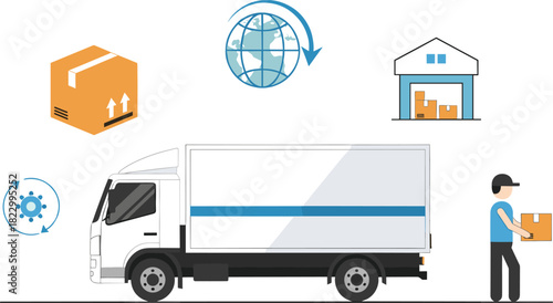 Global Logistics and Delivery Service Illustration - Truck, Warehouse, and Courier