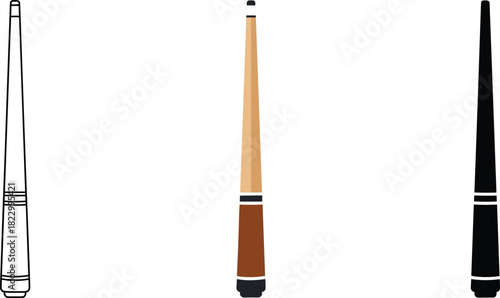 Billiard or Pool Cue Stick Icon Set - Outline, Color, and Silhouette Vector