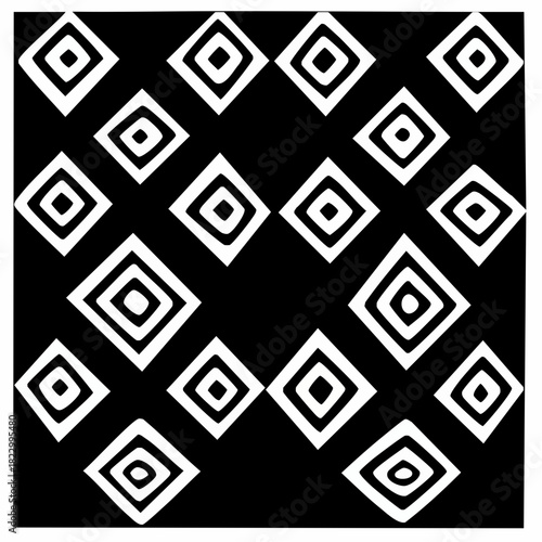 Black and white geometric pattern with multiple nested diamond shapes scattered across the frame.