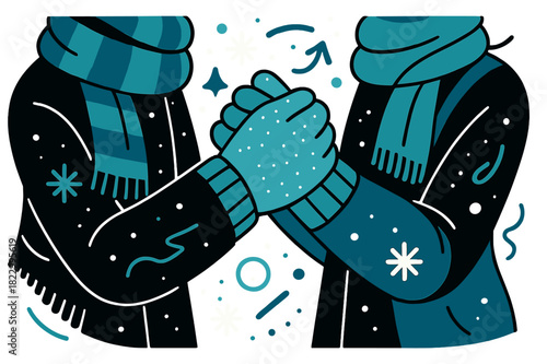 Warmth in Winter. Winter together. Close-up of hands in mittens clasped tightly, scarves visible, snowflakes