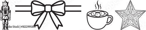 Black and White Outline Holiday Icons: Nutcracker, Bow, Hot Cocoa, Star
