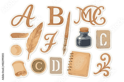 Watercolor Calligraphy Stickers. Calligraphy & Letters. Realistic hand-painted watercolor style sticker sheet