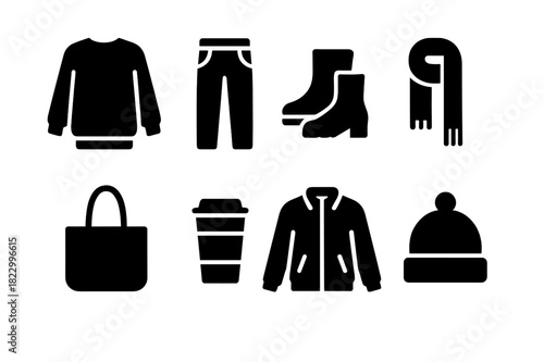 Weekend Outfit Icons. Weekend outfit. Filled icon set of weekend outfit: oversized sweater, jeans, boots,