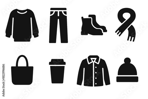 Weekend Outfit Icons. Weekend outfit. Filled icon set of weekend outfit: oversized sweater, jeans, boots,