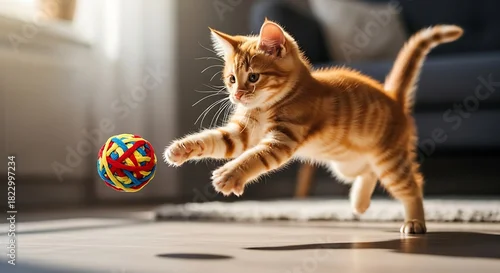 Fototapeta kitten, playful, jumping, toy, action, ginger, indoor, cute, young cat, pet, energetic, fun, feline