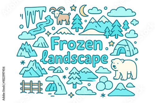 Whimsical Winter Wonderland. Frozen landscape. Hand-drawn doodle illustration of frozen landscape. Icicles,