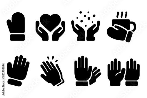 Winter Icon Set. Winter hands. Filled icon set of winter hands: hands in mittens, hands holding heart, hands