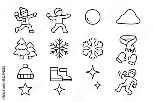 Winter Icon Set. Festive Snowball Fun. Line outline icon set of Festive Snowball Fun: kids throwing snowballs,