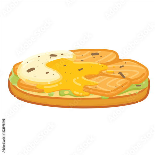 Colored cartoon line art vector illustration of avocado toast topped with smoked salmon, boiled egg slices and seaweed flakes. Clean outline style, simple colors, isolated and editable for menu design
