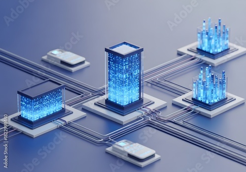 Futuristic technology network with data centers and smart city elements for innovation and connectivity design