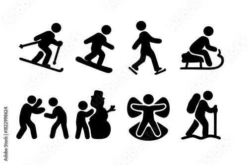 Winter Activity Icons. Winter activities. Filled icon set of winter activities: skiing, snowboarding, ice