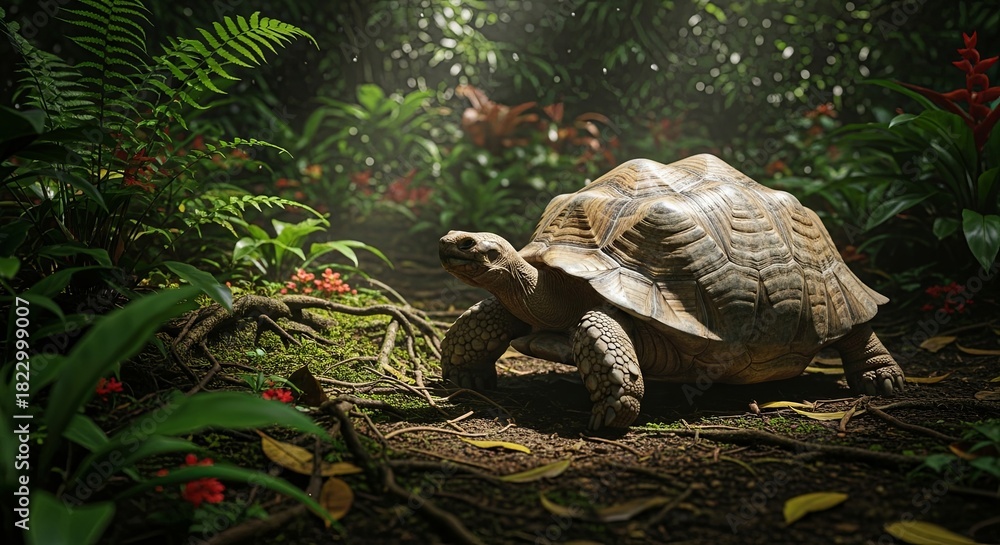 Naklejka premium Giant Tortoise Walking Through Lush Green Jungle Foliage.