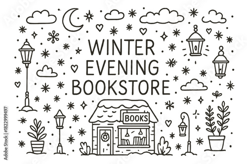 Winter Bookstore Magic. Winter evening bookstore. Hand-drawn doodle illustration of Winter evening bookstore.
