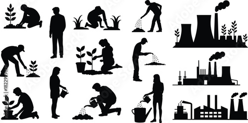 Ecological Balance Vector: Silhouettes of People Planting, Watering, and Industrial Factories for Environmental Conservation Concepts.