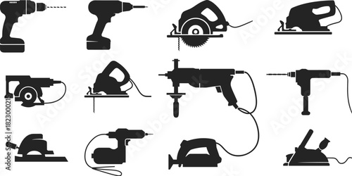 Silhouettes Set of Electric Power Tools, Including Circular Saws, Drills, Jigsaws, and Planers, for Construction and Workshop Use
