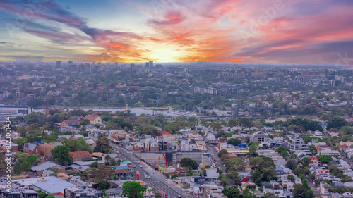 Aerial Panorama Drone view of Parramatta River Sydney Harbour between Balmain Gladesville Birkin Head Point and Roselle on the Bay Run Sydney NSW Australia